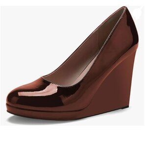 miss left Brown Rounded Toe High Heel Pumps Slip On Wedges Heeled Shoe for Daily